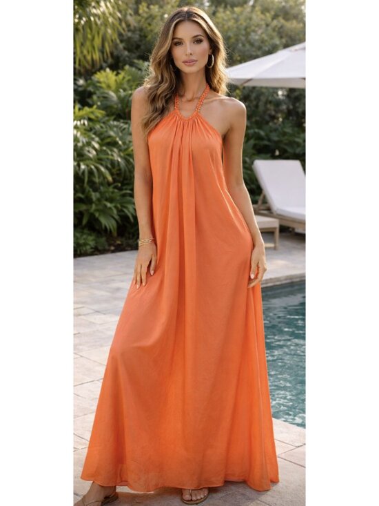Aakaa Dresses & Skirts - AAKAA Orange Satin Halter Neck Maxi Dress Medium Cocktail Wedding Summer Resort